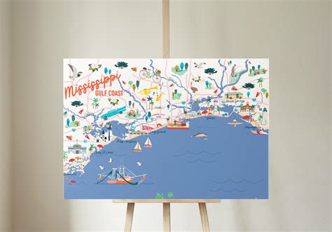 Mississippi Gulf Coast Map, Illustrated City Map, Illustrated