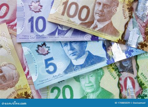 A Collage Of Canadian Currency Bills Editorial Stock Image Image Of