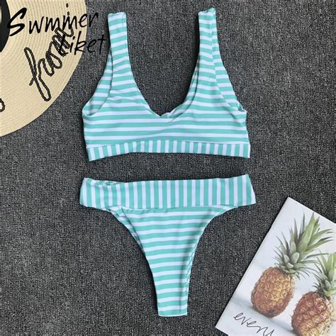 FREE SHIPPING Sexy Striped Bikini Push Up High Cut Swimwear JKP971 Jukpop