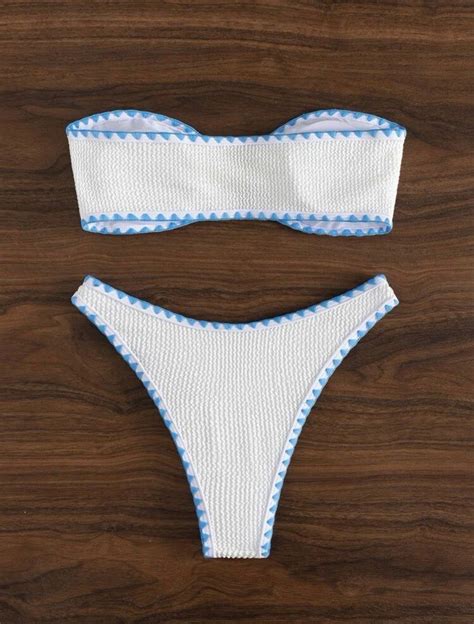 White Blue Lining Bandeau Sexy High Cut Bikini Women S Fashion