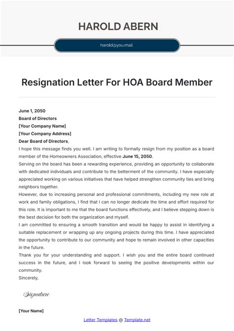 Free Resignation Letter For Hoa Board Member Template To Edit Online