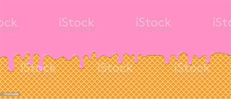 Pink Strawberry Icecream Melted On Waffle Background Vector