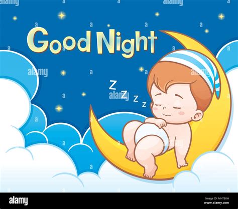 Vector Illustration of Cartoon Cute Baby Sleeping on the moon with Good ...