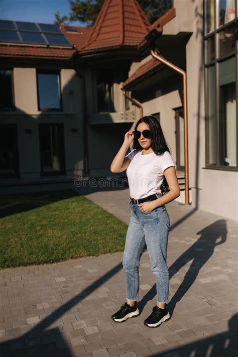 Beautiful Brunette Model Posing To Photographer Outdoors Stock Photo Image Of Hairstyle