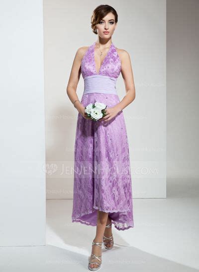 A Line Princess Halter Asymmetrical Chiffon Lace Bridesmaid Dress With