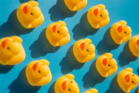 Yellow Rubber Ducks On A Blue Background With Hard Shadows Stock Image