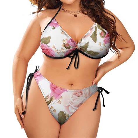 Gzhjmy Women Plus Size Triangle Bikini Sets English Roses Two Piece Straps Halter Swimsuit