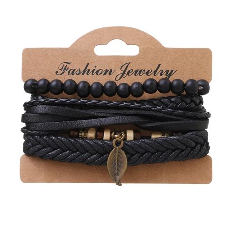 Cheap Black Men Bracelets Vintage Multilayer Leather Braid Bracelets