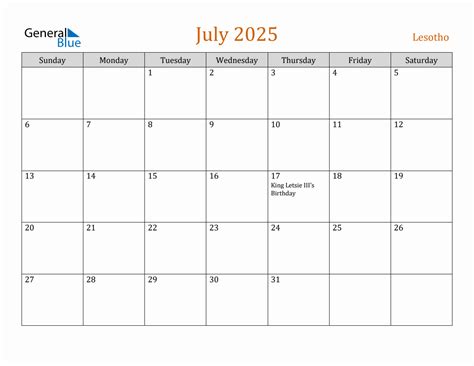 Free July 2025 Lesotho Calendar