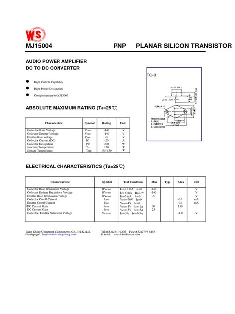 Mj15004 Pnp Planar Silicon Transistor Audio Power Amplifier Dc To Dc