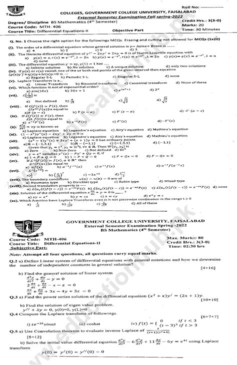 Mth Differential Equations Ii Bs Math Gcuf Past Paper Spring