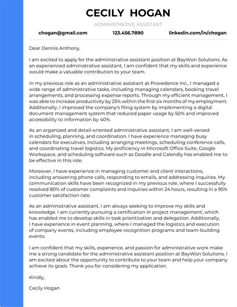 Example Of Resume Cover Letter For Administrative Assistant