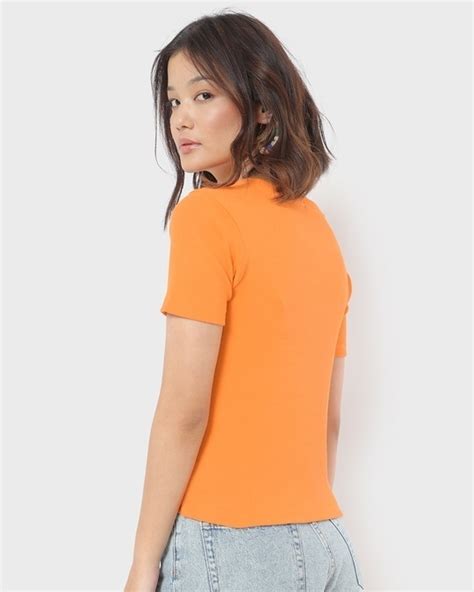 Buy Womens Orange Keyhole Neck Slim Fit Short Top Online At Bewakoof