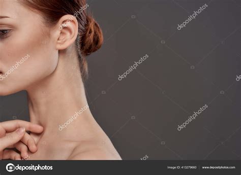 Beautiful Woman Naked Shoulders Cosmetics Clean Skin Charm Gray Background Studio Stock Photo By