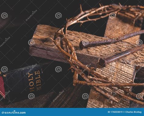 Cross And Crown Of Thorns With Holy Bible Stock Image Image Of Rustic