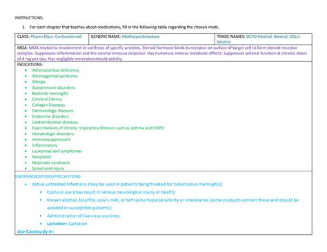 Unit 9 Med Card Methylprednisolone Instructions 1 For Each Chapter