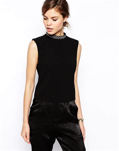 Asos High Neck Top With Embellished Neckline In Black Lyst