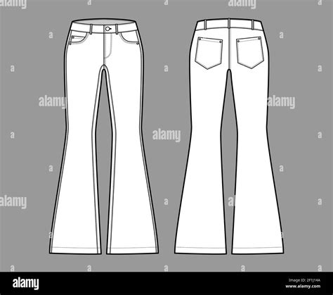 Jeans Flared Bottom Denim Pants Technical Fashion Illustration With Full Length Low Waist Rise