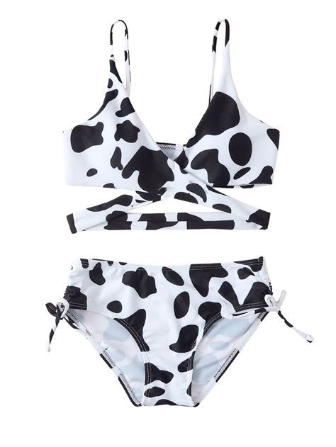 Milumia Girl Cute Cow Print Criss Cross Bikini Wrap Knot Side Swimsuit Bathing Suit SIZE 9