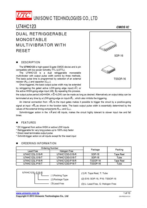 U74HC123 Datasheet DUAL RETRIGGERABLE MONOSTABLE MULTIVIBRATOR