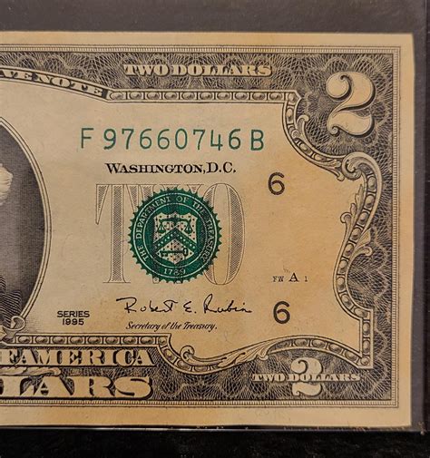 1995 2 Dollar Bill Rare High Seriel Number F97660746B Fancy Serial