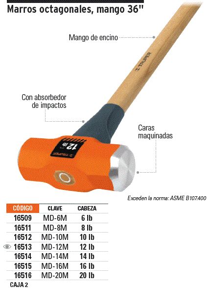 16511 Md 8m Truper Marro Octagonal 8 Lb Mango De Madera 36 Truper