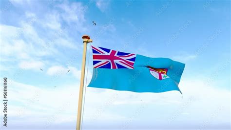 Flag Of Fiji Waving In The Wind Sky And Sun Background Fiji Flag