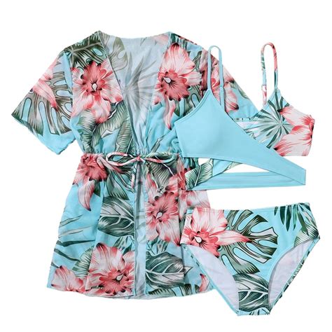 BULLPIANO Girls Swimsuit 3 Piece Bathing Suit Tropical Print Bikini Set