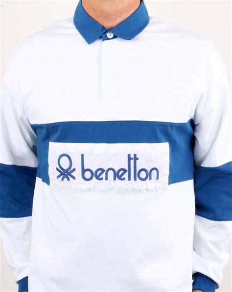 Benetton Rugby Shirt In White Blue Long Sleeve Polo S Casual