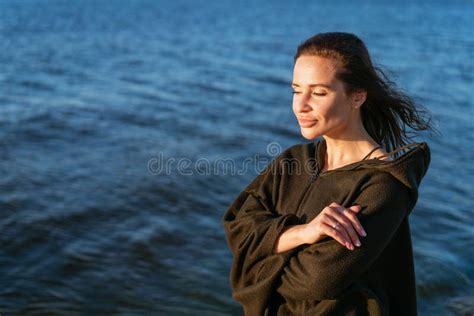 Portrait Happy Smiling Woman On Beach Smiling Sensual Brunette Posing Stock Photo Image Of