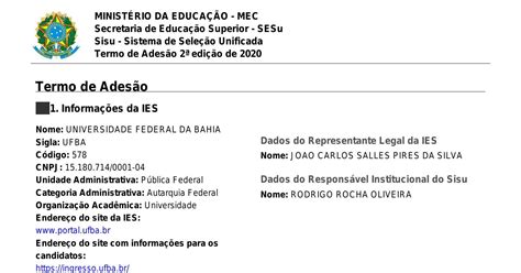 Termo De Adesao Sisu 2024 Ufba - NAZAEDU