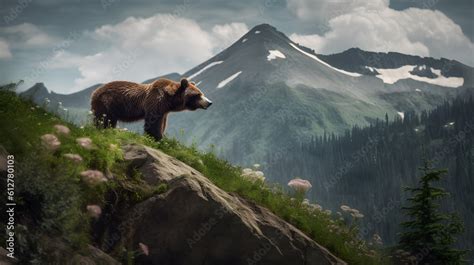 A stunning photograph of a mighty grizzly bear standing atop a rocky ...