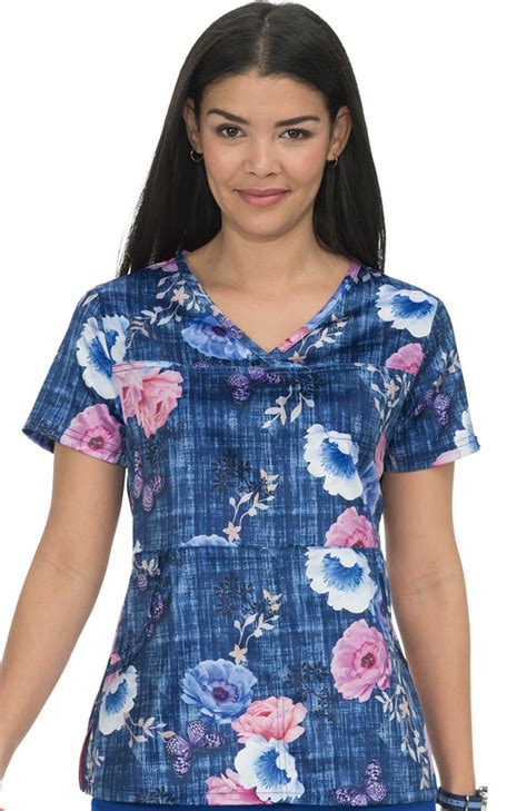 Clearance Koi Prints Womens Alice Y Neck Floral Print Scrub Top Allheart