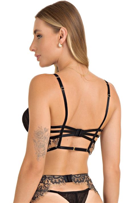 Sutiã Meia Taça de Renda Strappy sem Bojo Nude Bicolor