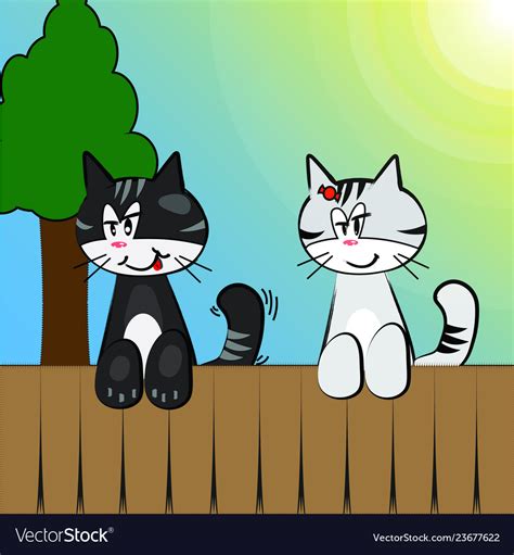 Two cats hanging on the fence cute cartoon Vector Image