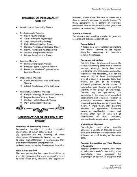 Summarized Theories Of Personality Page 1 Of 52 Theories Of