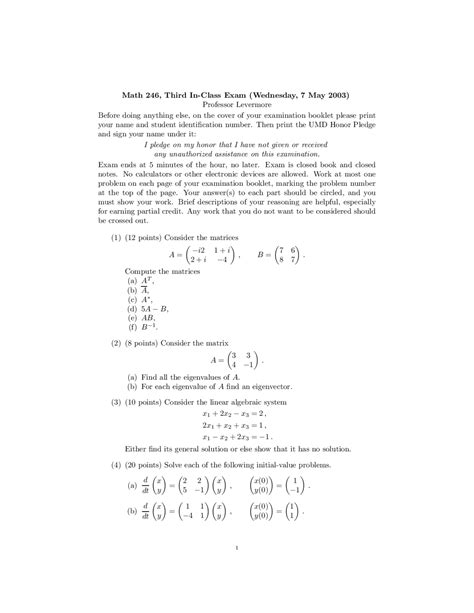 Mathematics problems and exercises. Study notes for exam | MATH 246 ...