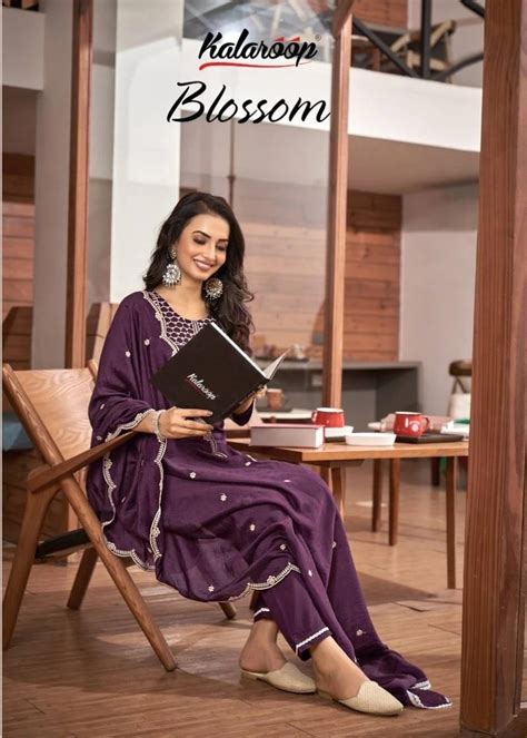 Kalaroop Blossom Heavy Embroidery Work Kurti Pant With Dupatta Set