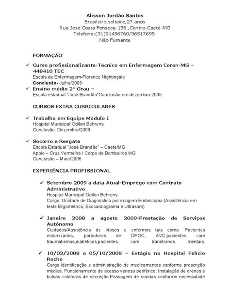 Currículo Técnico de Enfermagem Alisson Jordão Santos | PDF