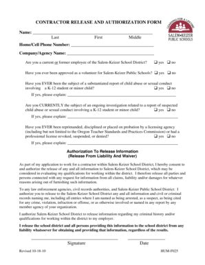 Fillable Online Salkeiz K12 Or CONTRACTOR RELEASE AND AUTHORIZATION