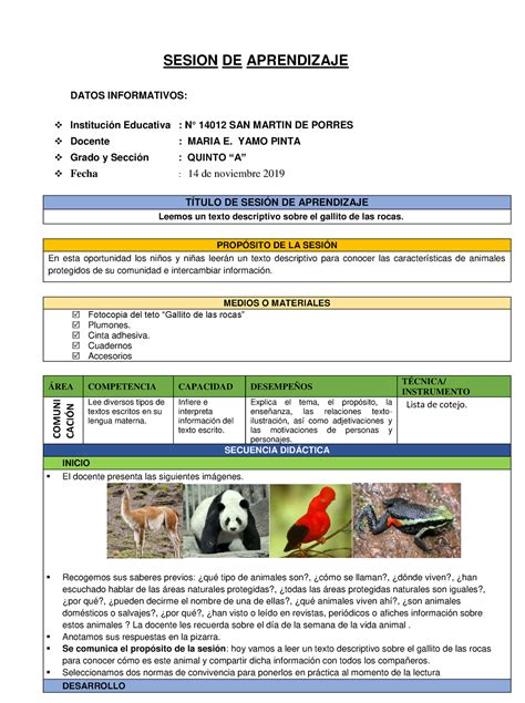 Sesion De Aprendizaje Leen Un Texto Descriptivo El Gallito De Las