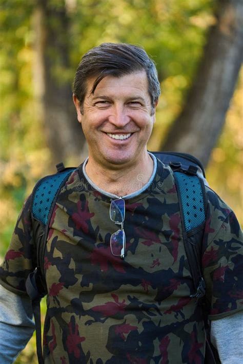 Mature Man Hiker With Backpack In The Forest Stock Photo Image Of Person Copyspace