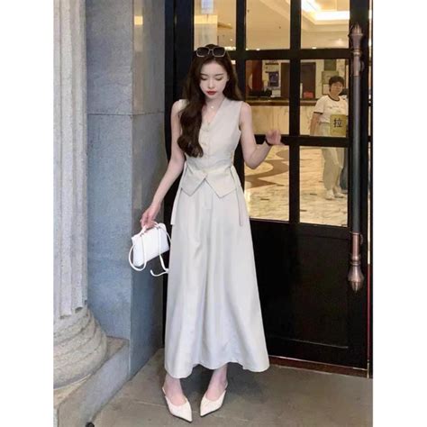 Set chân váy midi nude phối áo ghile Rossy Fashion 060923 Shopee Việt Nam