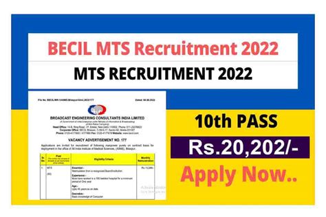 BECIL MTS Recruitment 2022 Only 10th Pass Apply Online Form Salary