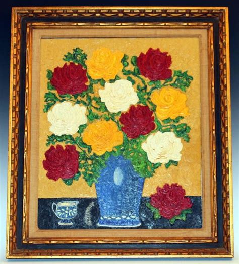 Vintage 1950s Large Framed Oil Painting On Canvas Still Life Flowers