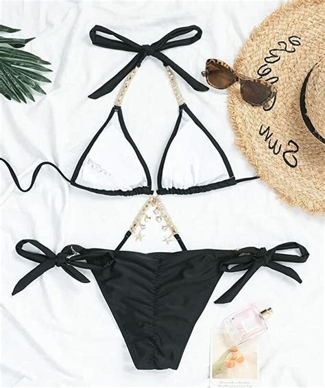 Women S Trendy Piece Triangle Bikini Set Rhinestone Halter Bathing Suit Swimsu Ebay