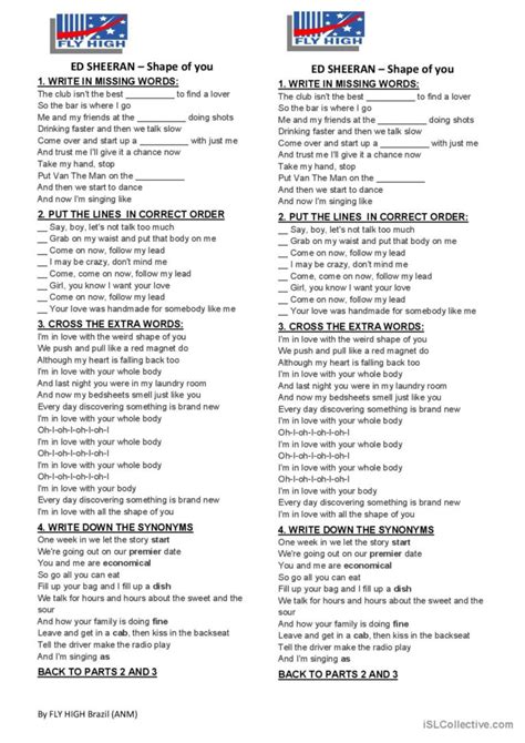 Ed Sheeran Shape Of You Song And N English Esl Worksheets Pdf Doc