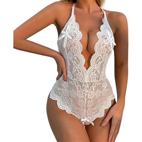 COORDONNES ENSEMBLE LINGERIE Sexy Femme Body et Combinaison Dos Nu en Dentelle Décolleté en V