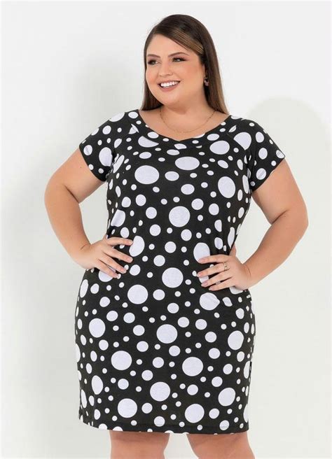 Vestido Poá Preta Mangas Curtas Plus Size Queima de Estoque