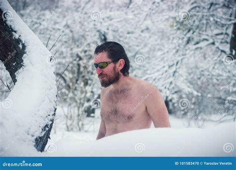 Naked Wild Man In Sunglasses The Winter Snowy Forest Stock Photo Image Of Muscle Fitness